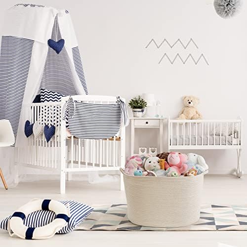 Maliton Storage Basket, Blanket Basket for Clothes, Bedding, Dog Toy Basket for Kids Room, Living Room, Extra Large D50 x H33 cm Woven Basket with Pockets, Foldable Laundry Basket with Handles-White