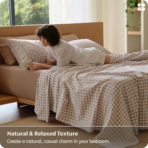 Image of Bedsure PureWoven Gingham Sheets 100% Washed Cotton Queen, Brown, 6PCS | Linen-Like Percale Sheets, Breathable & Relaxed, 18 inch Deep Pocket, Rustic Minimalist Farmhouse Checkered Yarn-Dyed Plaid