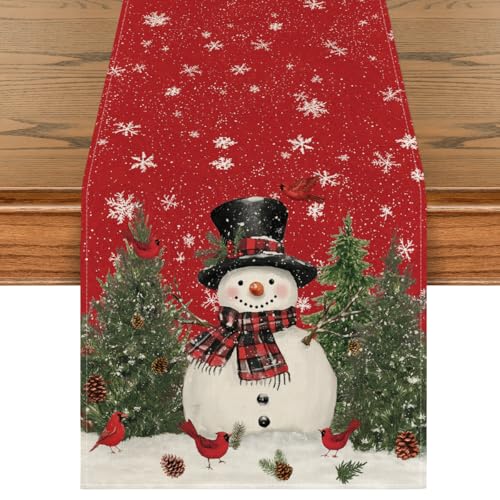 Artoid Mode Snowman Christmas Birds Trees Table Runner, Seasonal Winter Xmas Holiday Kitchen Dining Table Decoration for Indoor Outdoor Home Party Decor 13 x 72 Inch