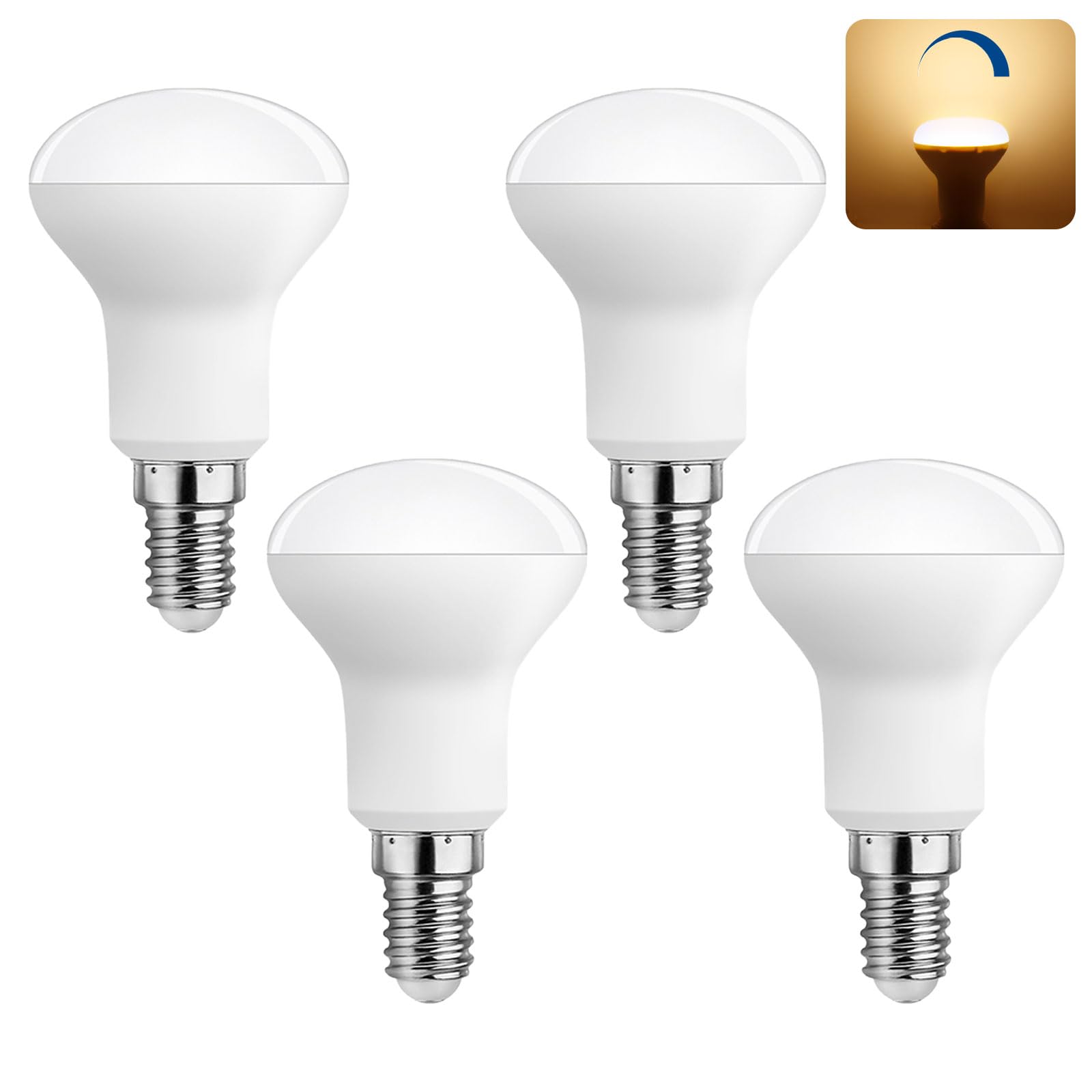 Akynite E14 LED Bulbs R50 Dimmable 5W, Warm White 2700K, 500LM, 120° Wide Angle, Equivalent to E14 40W Halogen, AC 230V, R50 SES Small Screw LED Mushroom Bulbs, Pack of 4