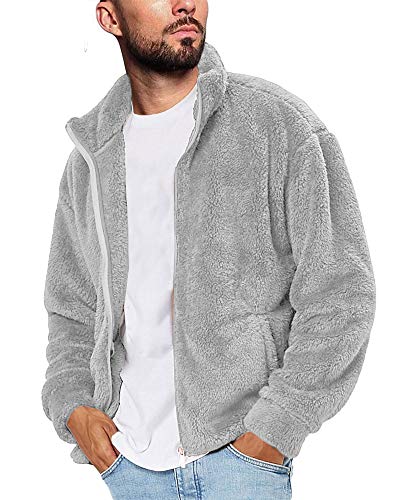 Mens Fuzzy Sherpa Jacket Cardigan Fleece Long Sleeve Full Zip Open Front Thermal Coat Fall Winter Outwear (Medium, Grey)