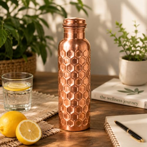 Image of 100% Pure Copper Water bottle 32 Oz with Cleaning brush, Diamond Design | Drink More Water, Lower Your Sugar Intake And Enjoy the Health Benefits Immediately,32 Oz(1 Brush +1Bottle+ 1 Glass) Diamond