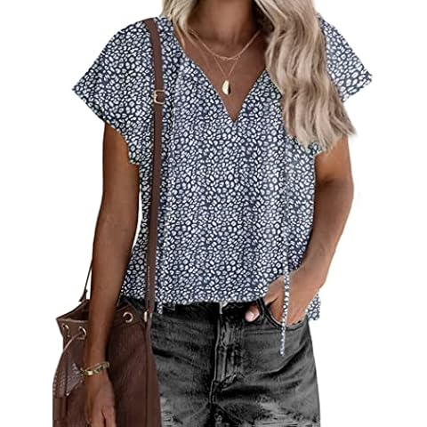 Chigant Women Ruffle Floral Short Sleeve Shirts Tie Loose Boho Summer Blouses Work Casual Tops T Shirt Cover