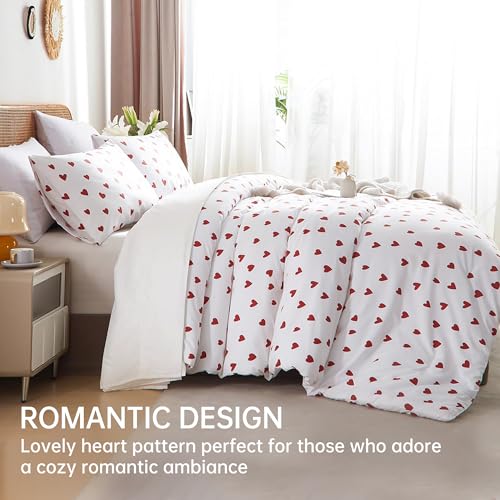Image of BOLINLIVING Cute Duvet Cover King Size, White 3 Pieces Duvet Cover with Red Heart-Shaped Print,Soft Breathable Microfiber Bedding Set for All Season with Zipper Closure and Corner Ties