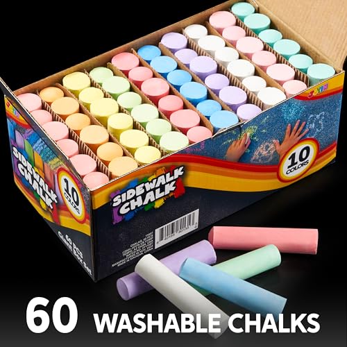 Image of JOYIN 60 PCS Sidewalk Chalk Set (10 colors), Non-Toxic Washable Outdoor Jumbo Chalk Set for Painting on Chalkboard, Art Play and Playground Toy