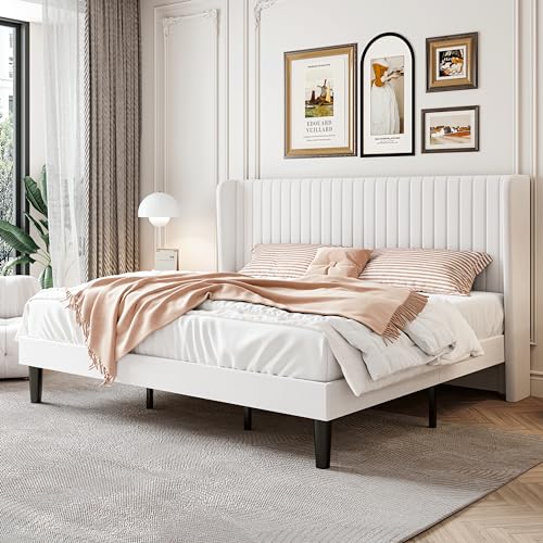 Image of SHA CERLIN King Size Velvet Bed Frame, Tufted Wingback Headboard, White | 47'' Modern Vertical Channel Headboard, Upholstered Platform Bed, Wood Slats, No Box Spring Needed, Easy Assembly, Noise Free