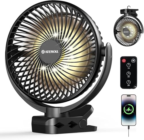 Ateroll 10000mAh Clip Ventilator mit Fernbedienung, 20CM 3 Geschwindigkeiten USB Ventilator Akku mit Timer&LED-Lichtern,360° drehbarer batteriebetriebener Tischventilator für Zuhause,Büro und Camping 1