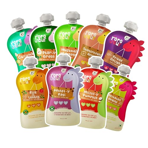 Image of Rorosaur Baby Food Purees - Ready to Eat - 9 Pouch Combo (100g each - combo pack), 6+ Months | Grain, Fruit, Veggie | Natural, Easy to Digest, No Preservatives, No Added Sugar, No Salt