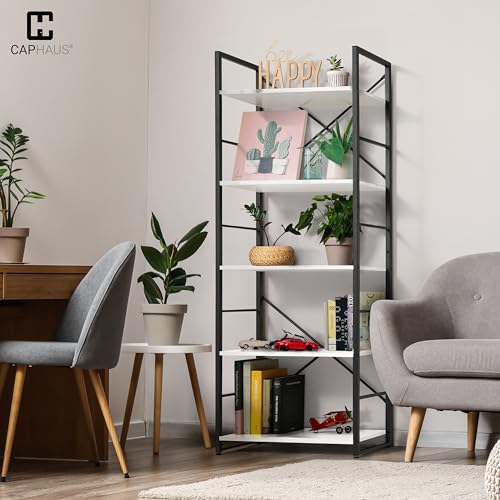 Image of CAPHAUS 5 Tier Bookshelf, 24 Inch Width Free Standing Shelf, Bookcase Shelf Storage Organizer, Industrial Book Shelves for Home Office, Living Room, Kitchen, White Shelves & Metal Frame