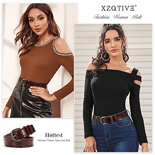 XZQTIVE Women Plus Size Leather Belt for Jeans Dresses Pants Hollow Flower Waist Belts with Solid Pin Buckle3