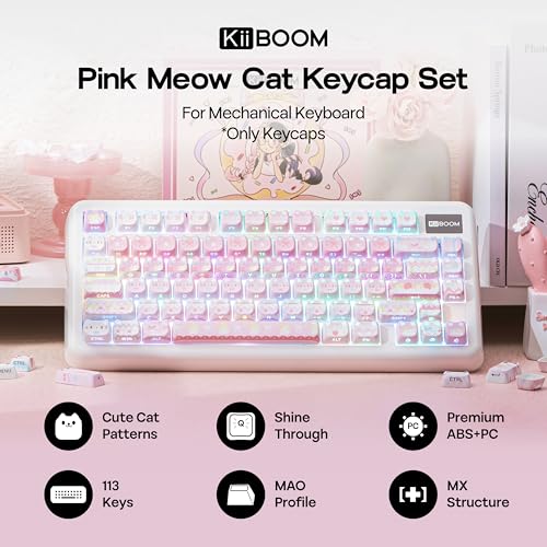 Image of KiiBOOM Cute Cat Keycaps Set, Mao Profile, Cat Shape | PC+ABS Keycap for MX Switch Mechanical Keyboard, Compatible with 60%, 65%, 75%, TKL, 96%, Full-Sized Layout (Pink Meow)