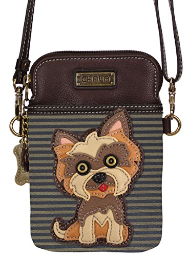 Chala Group Yorkshire Terrier Cellphone Crossbody Handbag - Convertible Strap Yorkie Mom, Brown Stripes, 5" x 7.5" x 1"2