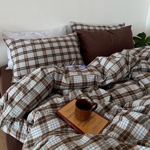 Image of Gingham Duvet Cover Full Size Brown Blue Buffalo Plaid Bedding Set 3 Pieces Vintage Grid Checkered Soft Lightweight Microfiber Comforter Cover Set with Zipper Closure and 2 Pillowcases