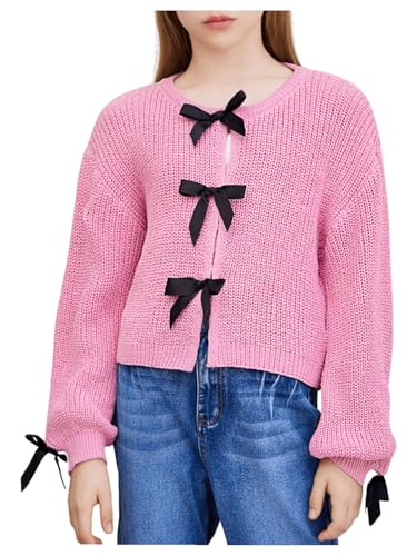 MakeMeChic Girl's Color Block Bow Front Cardigan Drop Shoulder Long Sleeve Knit Sweaters