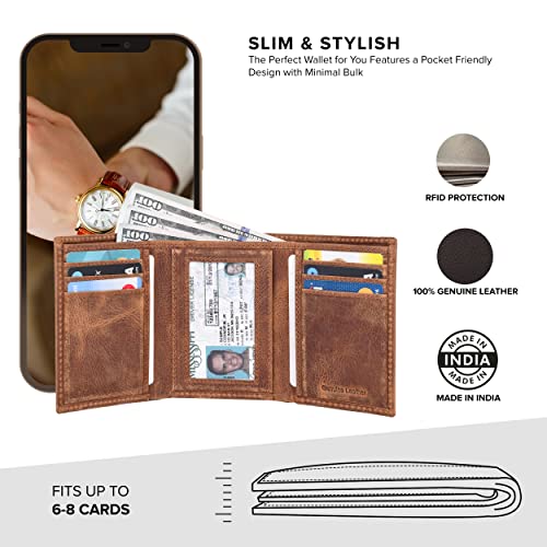 Tri fold Leather Wallet for Men with RFID | Slim Wallets for Men with 1 ID and 6 Credit card slots | Front Pocket Minimalist3