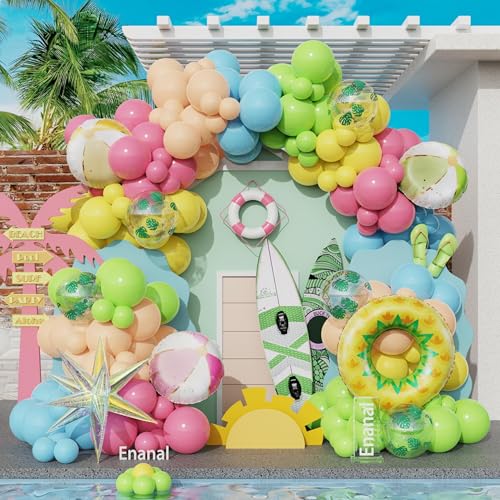 Summer Pool Party Decorations, Tropical 162pcs Pastel Colorful Balloons with Beach Ball Swimming Ring Foil Balloon for Splish Splash Birthday Hawaiian Luau Baby Shower Swimming Water Party Supplies