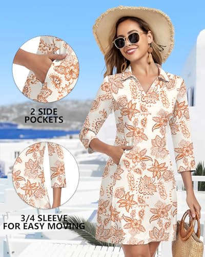 Image of WOWENY 3 /4 Sleeve Dress for Women with Pockets V Neck UPF 50+ Casual Sun Dress Breathable Quick Dry Beach Vacation
