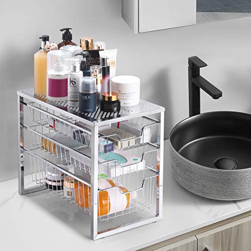 Simple Trending 3-Tier Under Sink Organizer with Sliding Storage Drawer, Cabinet Organizer for Kitchen Bathroom Office, Stackable, Chrome