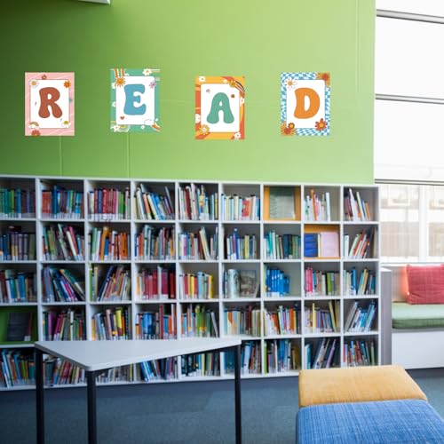 Image of COCHIE Reading Posters for Classroom Decorations, Library Reading Corner Decor, Read Signs Poster Bulletin Board Set of 4, Pre-k Preschool Kindergarten Classroom Wall Decoration (Groovy)