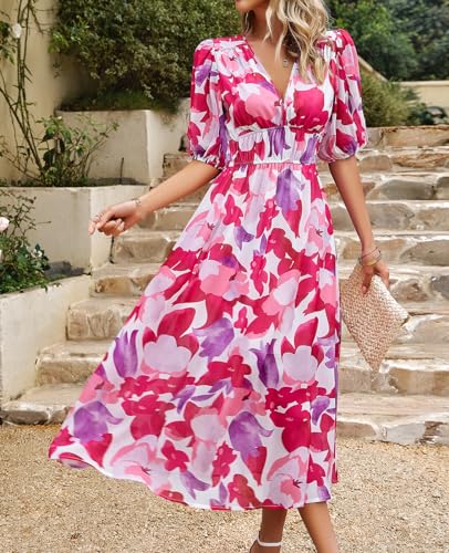 Image of UONBOX Women's V Neck Floral Dress Summer 2025 Trendy Pleated Boho Flowy Puff Sleeve Maxi Dress