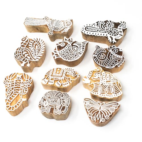 Image of Hashcart Wooden Indian Traditional Design Printing Stamps / Blocks for Printing Saree Border / Dresses / Craft Card Making / Scrapbook / Clay Pottery (Set of 10)