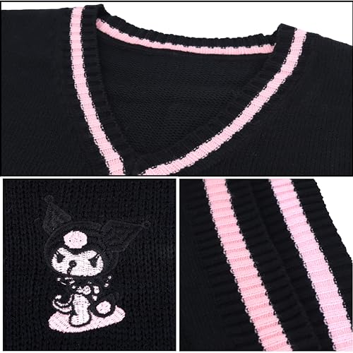 Image of Cartoon Sweater Vest Women Preppy Style V Neck Knit Sweaters Girls School Uniform Anime Sleeveless Pullover Tank Tops Black S