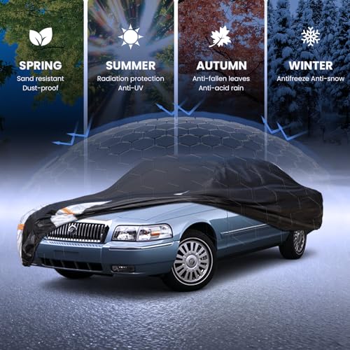 Image of Multi-Layer Car Cover Custom Fit for Mercury(Grand) Marqui(1983-2011), 100% Waterproof All Weather for Automobiles, Gift with Towel, Heavy Duty Car Covers for Rain Sun UV Protection with Door Zipper.