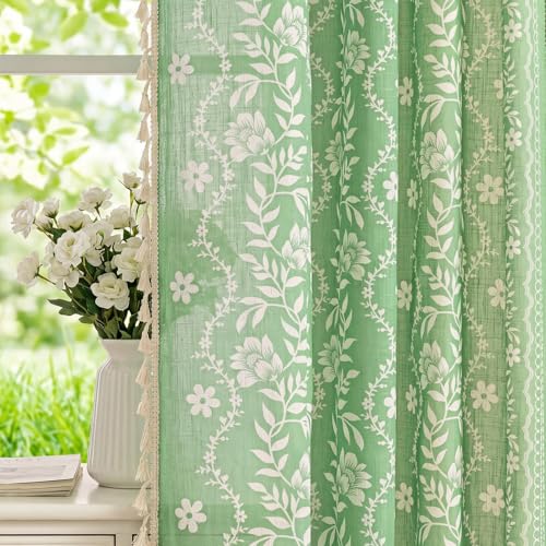 Image of MYSKY HOME Boho Floral Curtains 96 Inch Long for Living Room Sage Green