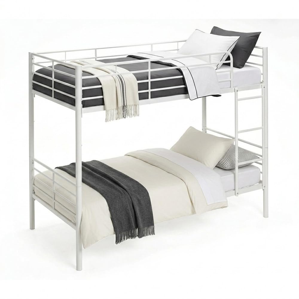 Letto A Castello DIVISIBILE Twins - Bianco - 80 x 180 Letto a Castello in Metallo Pratico e Resistente. Divisibile in 2 Letti Singoli. Scala Inclusa. Ringhiera Completa.
