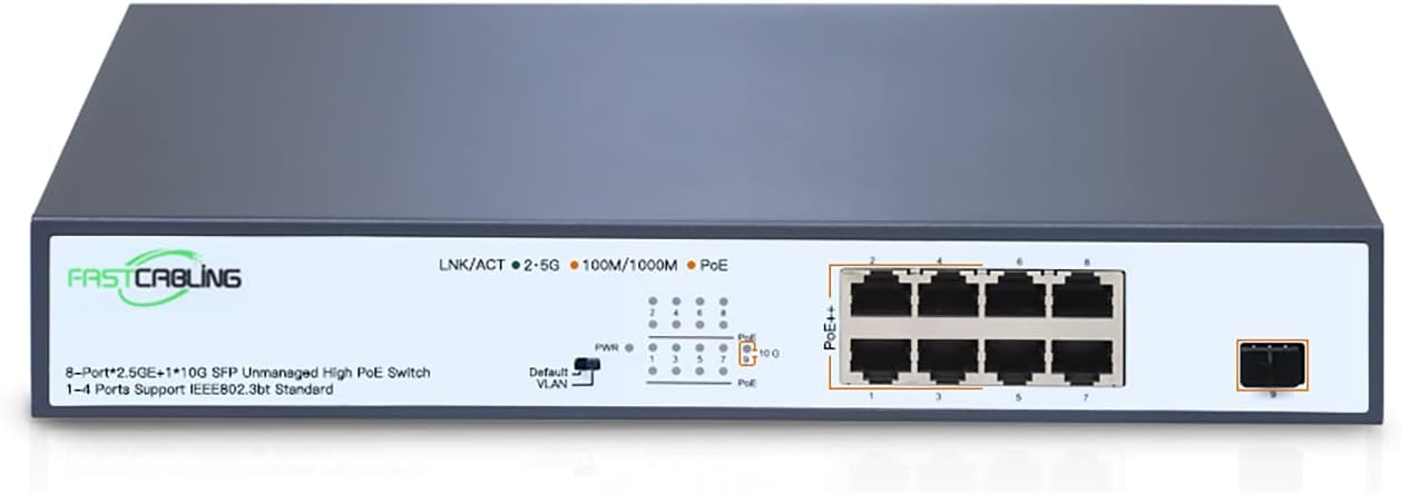 FASTCABLiNG 8-Port 2.5G PoE++ Switch with 10G Uplink, 8×100/1000M/2.5G RJ45 Ports, 90W/30W High Power PoE, 240W, 10G SFP+ Uplink, Plug & Play, Desktop/Wall-Mount