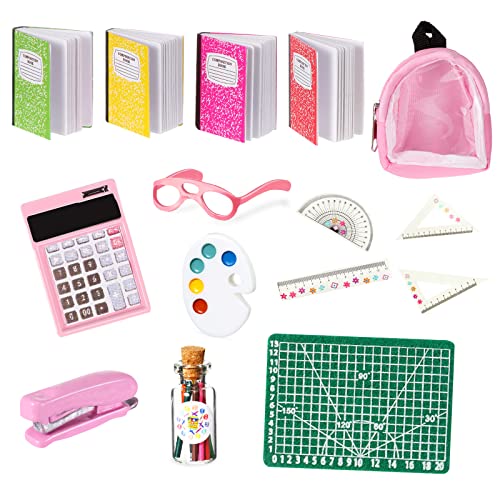 14 Pieces Doll School Supplies Mini School Supplies Includes Mini Doll Backpack Glasses Blackboard Miniature Books Palette Paper Clipboard Pencil Doll Rulers Doll Accessories (Classic Style)