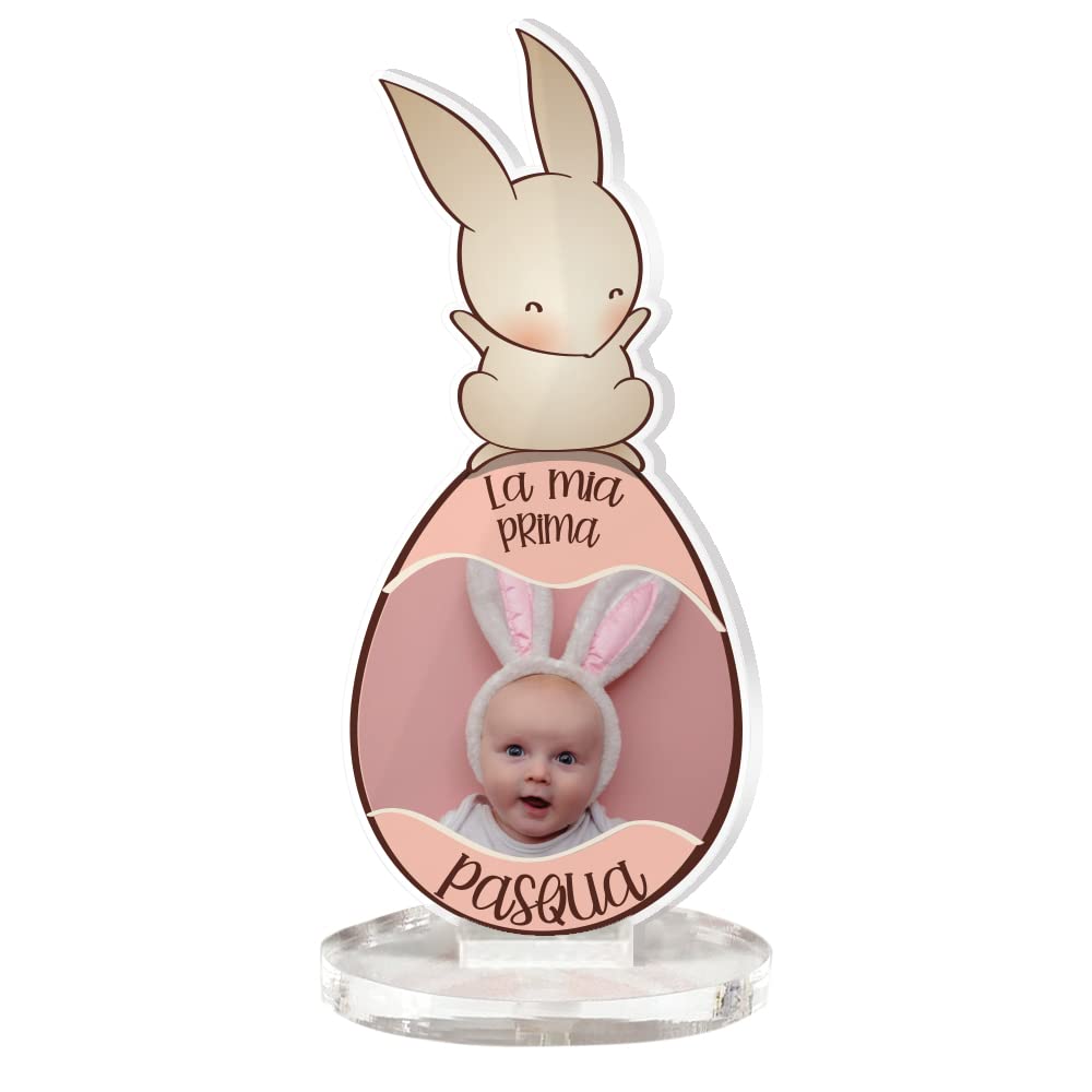 Targa Personalizzata Babloo In Plexiglass Per Pasqua - "La Mia Prima Pasqua" Con Coniglio E Uovo, 8x20 Cm, Rosa, Con Base, Made In Italy - 2