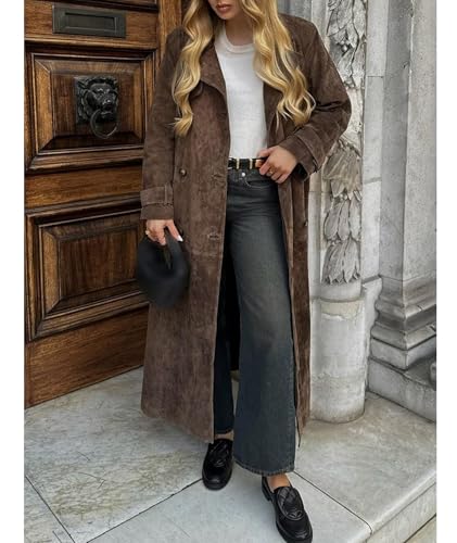 SOMTHRON Women's Faux Suede Long Trench Coat Notched Lapel Double Breasted Jacket Pea Coat Overcoat with Belt3