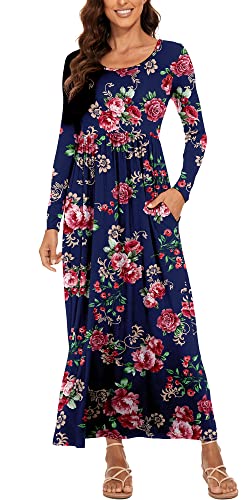 DEARCASE Damen Maxi Kleid Sommer Mutterschaft Casual Langarm Floral Lose Lange Kleider Plus Größe Damen Kleid mit Tasche