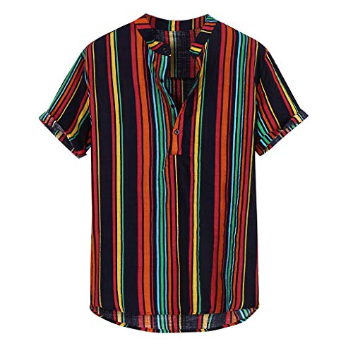 jieGorge Camisas para hombre, informal, para hombre, de verano, cuello alto, estampado de rayas, manga corta, blusa y tops