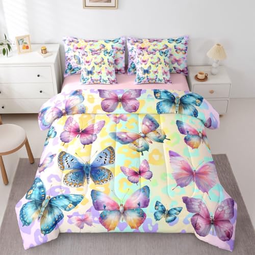 Image of 3D Flying Butterfly 7 Pcs Bedding Set Twin,Gradient Leopard Print Bed in a Bag,Colorful Butterflies Bed Set Includes Comforter,Sheet Set,Pillowcases & Pillow Covers,Cottagecore Wildlife Bedroom Decor