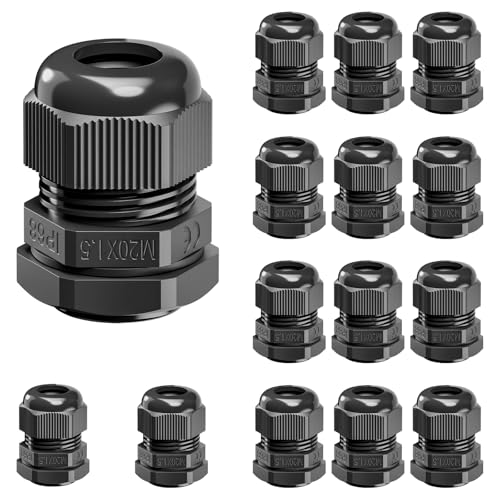 VCELINK 15PCS M20 20mm ×1.5 IP68 Waterproof Cable Glands, Nylon Cord Connectors, Wire Entry for Outdoor Wiring, Strain Relief Wire Grommets, Suitable for 6mm - 12mm Cables, Black