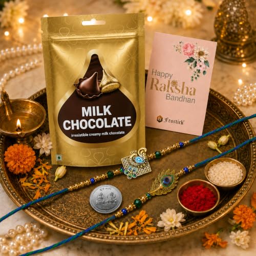 Image of Frostick Rakhi Gift Set for Brother with Kisses Chocolate Includes Set of 2 Premium Rakhis Card and Tikka Ideal Raksha Bandhan Combo for Bhaiya Boys, Kids and Men