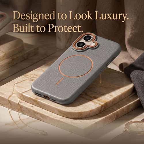 Image of amazon basics Luxury MagSafe Compatible Leather Texture Back Cover for iPhone 16 | Raised Camera Protection | Slim Fit Shockproof Case with Metallic Accents (Gray)