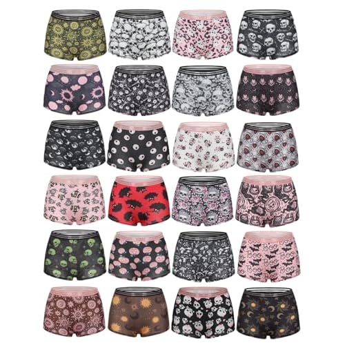 Morvia Gothic Halloween Print Boyshorts Underwear, 6 Pack, High Waist Contrast Elastic Band, Black Red Skull Spooky Patterns XX-Large 6pcs Random Prints