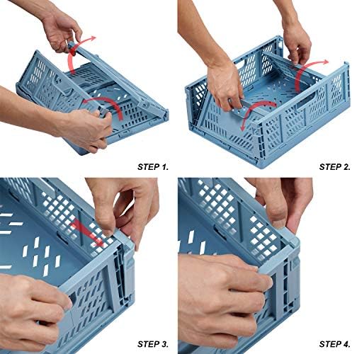 2 Blue 2 white Plastic Storage Basket Folding Storage Boxe Crate Drawer Organizer Stackable Shelf Basket Collapsible Closet Container Food Fruit Bottle Book Organiser for Home Office Bedroom Kitchen