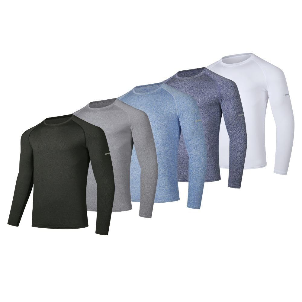 Camisas deportivas transpirables de manga larga, con cuello redondo, para hombre, 5 unidades