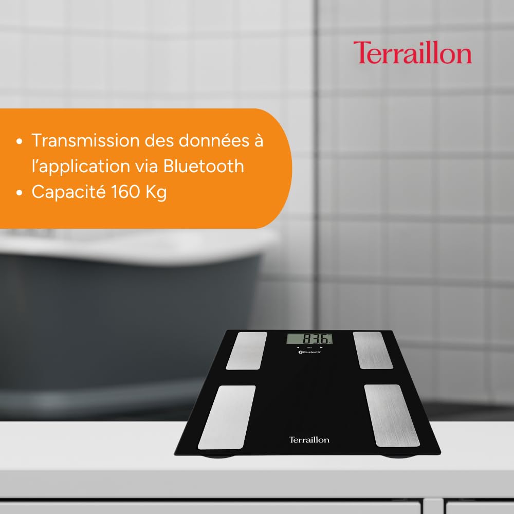 TERRAILLON - SMART CONNECT, Pèse Personne Connecté, Balance IMC, 8 Utilisateurs, Bluetooth Low Energy, Capacité 160Kg, Noir
