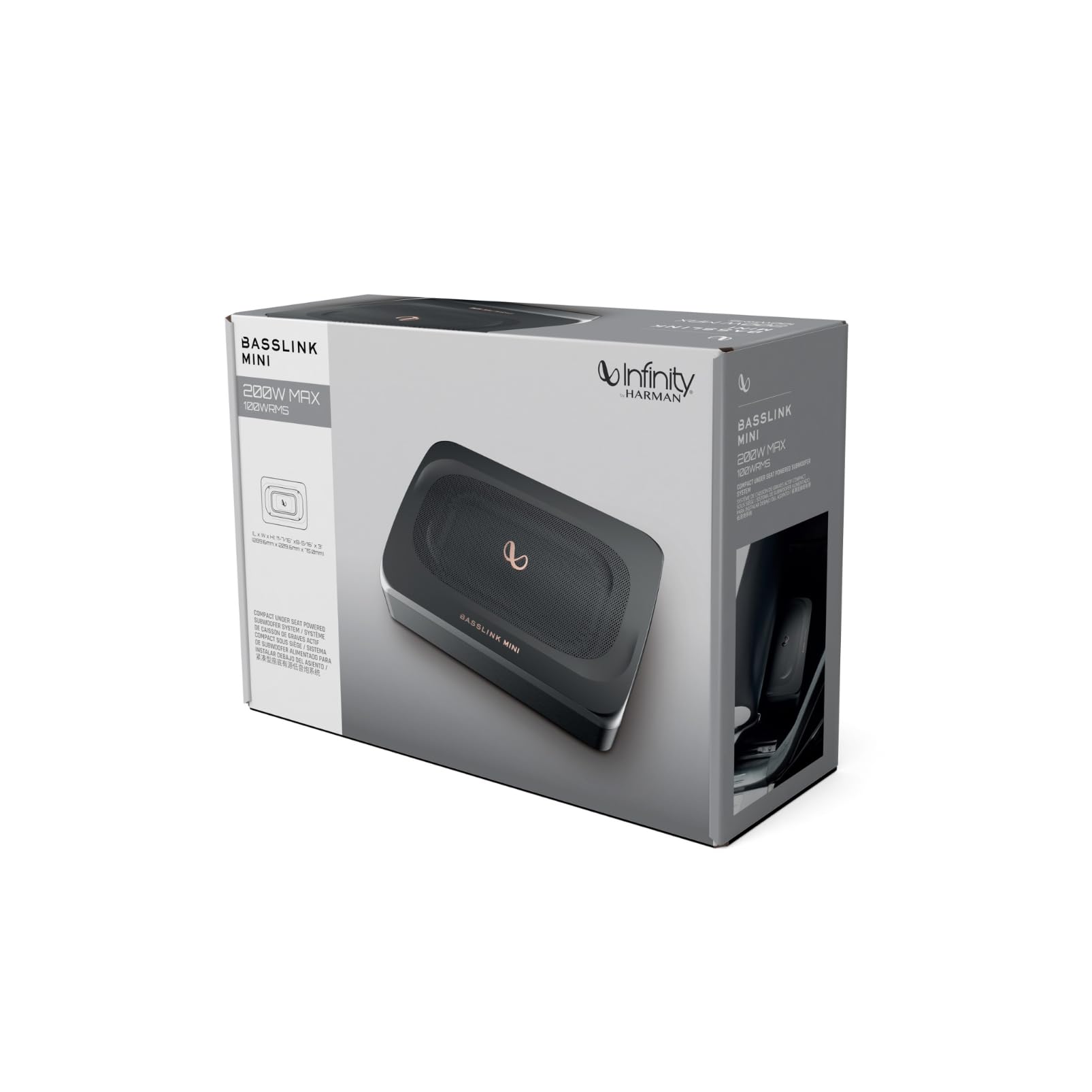 Infinity BassLink MINI 152x203mm 6x8 Zoll Aktiver Underseat Subwoofer mit 100W RMS und 200W Max, Aluminiumgehäuse, 30Hz–150Hz Frequenzgang, Bass-Remote, 12dB Crossover, kompakt für Auto Einbau