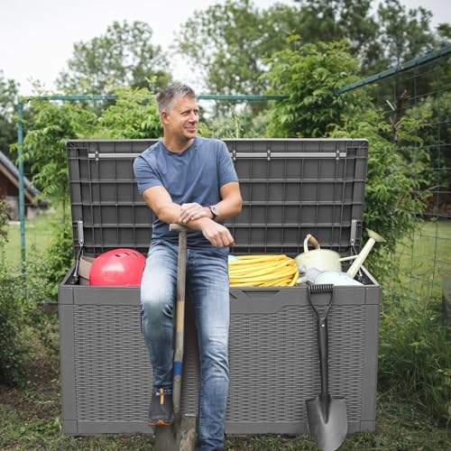 Image of Greesum 100 Gallon Resin Deck Box Large Outdoor Storage, Imitation Rattan Weave Texture for Patio Furniture, Garden Tools, Pool Supplies, Weatherproof and UV Resistant, Lockable, Gray