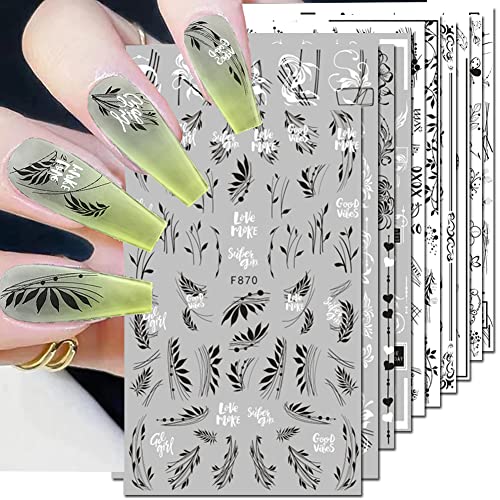 10 Sheets Black White Nail Art Stickers,3D Self-Adhesive Decals Retro Flower Leaves Vine Rose Butterfly French Line Nail Designs for Acrylic Nail Supplies French Classic Simple DIY Nail Decoration