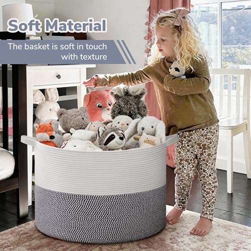 Image of INDRESSME 115L Extra Large Cotton Rope Basket, Blanket Basket for Home Decor Living Room Nursery, Toy Storage Baskets for Kids Boys Girls, White & Navy