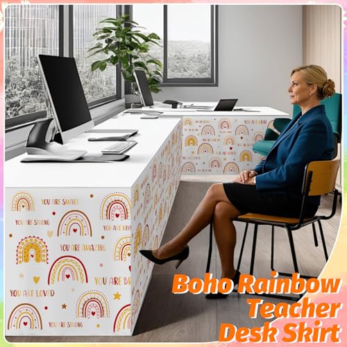 Image of 9FT Boho Rainbow Table Skirt Colorful Teacher Desk Skirt Classroom Desk Skirts for Back to School Decor Classroom Table Skirts for Back to School Supplies Office Bookcase Cabinet Decorations