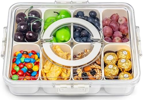 Air-Tight Snackle Box Container –Divided Serving Tray with Lid & Handle–Clear Snack box for Fruits, Candy & Nuts–Portable for Travel & Daily Use (8 Inside Containers Dishwasher Safe)
