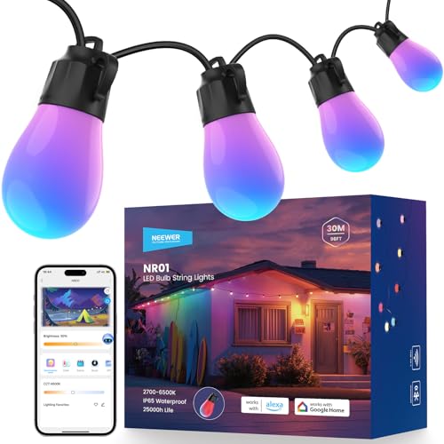 NEEWER 96ft Outdoor String Lights,App Control Smart AI RGBW Dimmable Colgar Exterior Patio Balcon Jardin Vacaciones Luz Impermeable,30 LED Foco Bulbs/53 Escenas/2700K-6500K Compatible con Alexa, NR01